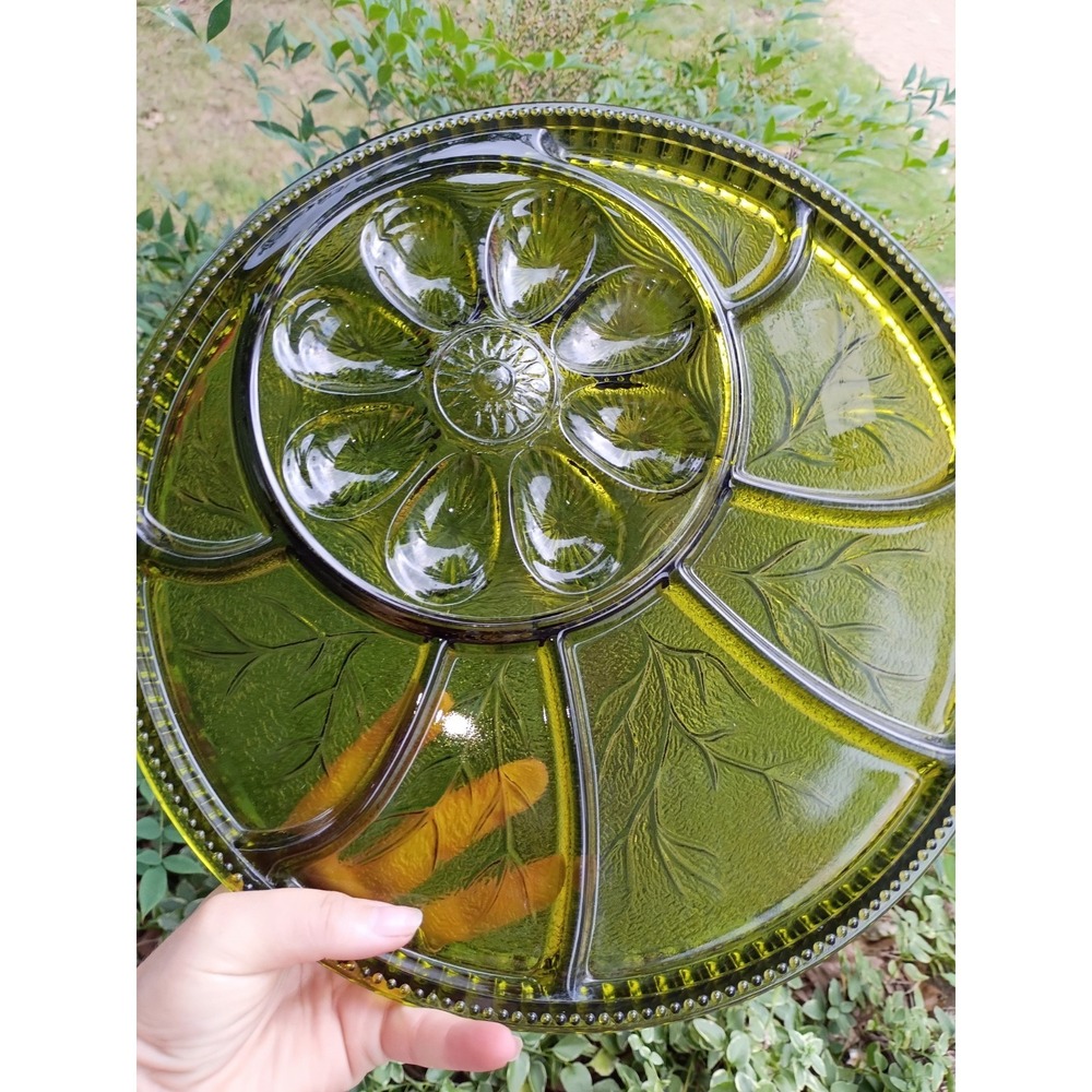Indiana Glass Green Divided Platter Relish/Egg Plate Pebble Leaf Tree Of Life‎
